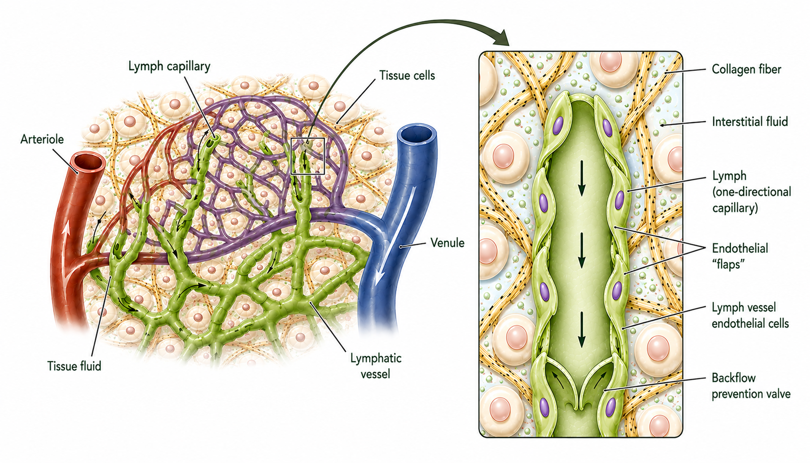 Diagram showing lymphatic capillaries collecting fluid from surrounding body tissues.
