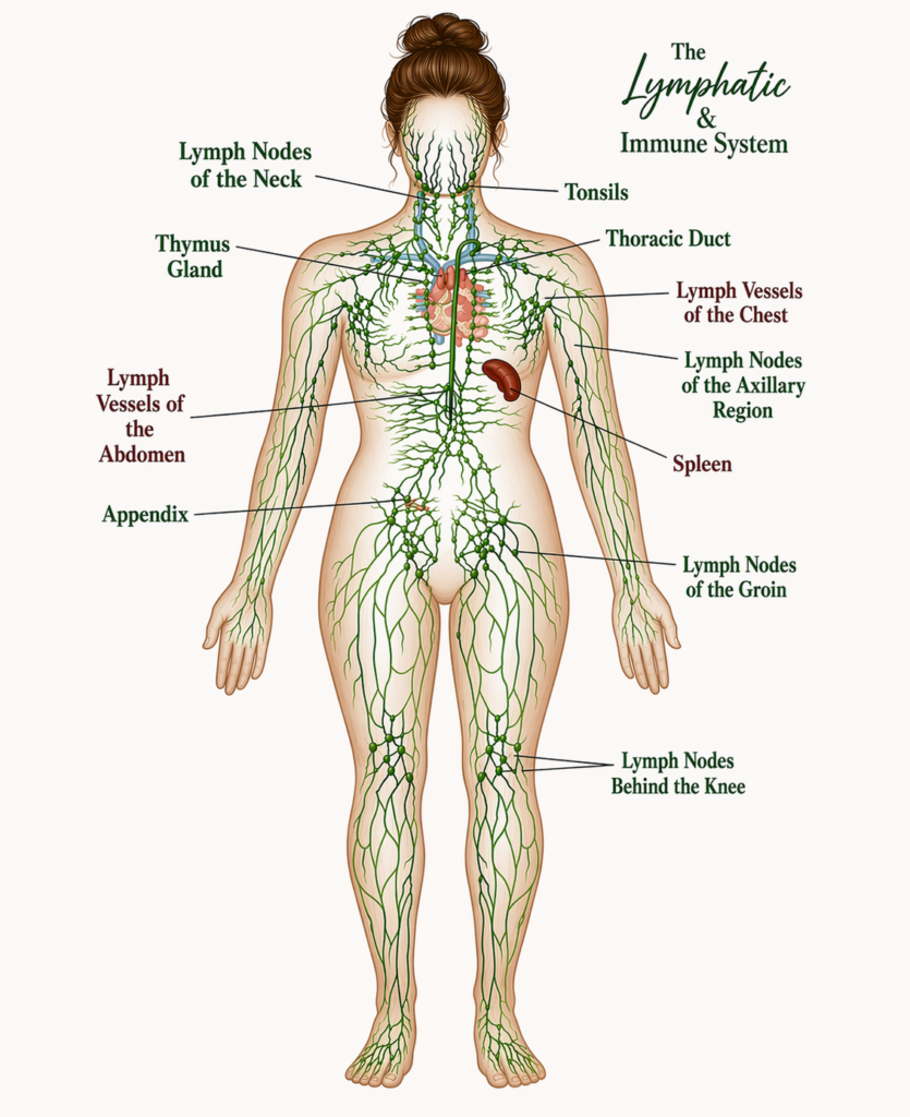 Illustration showing the relationship between the lymphatic system and immune health, including lymphatic vessels, lymph nodes, and immune system function.