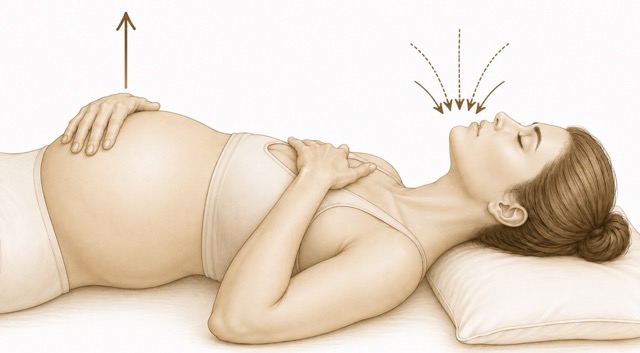 Illustration demonstrating the inhale phase of deep diaphragmatic breathing, with the abdomen expanding as the diaphragm descends.