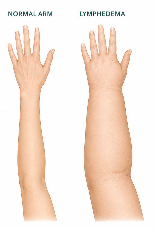 Comparison of a typical arm and an arm affected by lymphedema, showing one-sided swelling of the upper extremity.