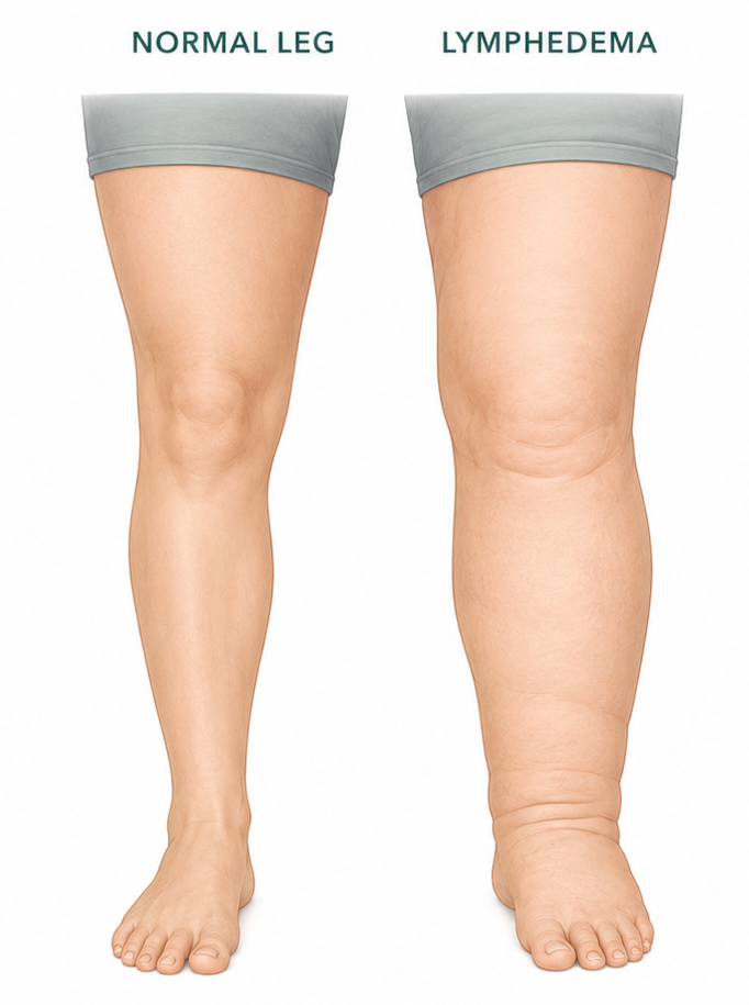 Comparison of a typical leg and a leg affected by lymphedema, showing one-sided swelling of the lower extremity.